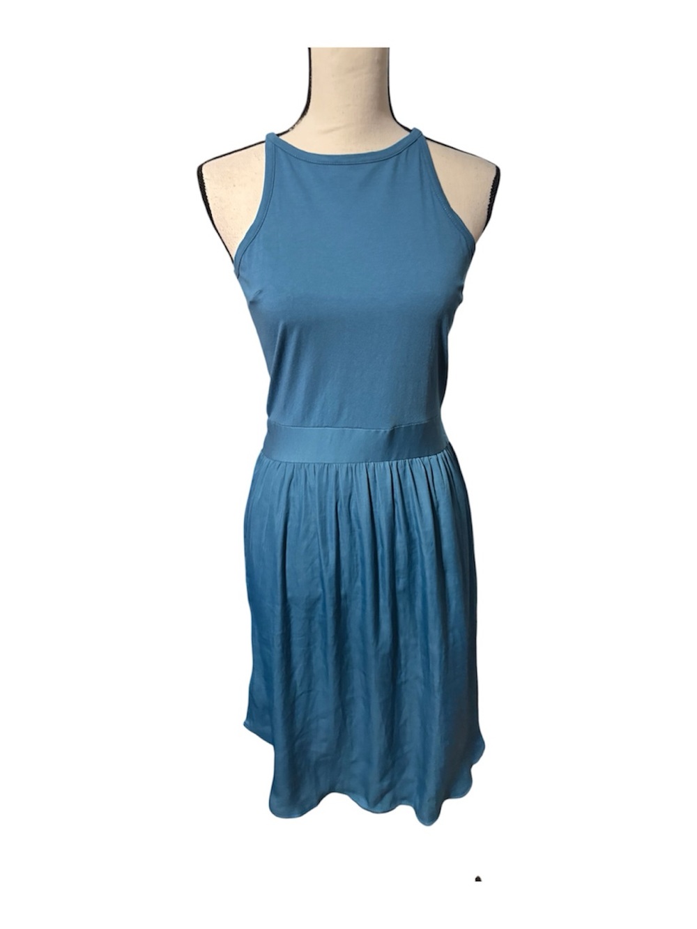 Loft Sleeveless Blue Midi Dress with Gathered Skirt